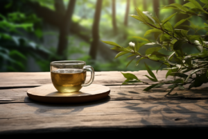 a cup of tea on a wooden table 