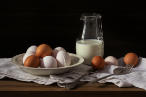 milk and eggs on the table