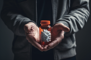 man holds l-theanine medical bottle in hands