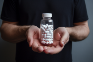 man holding medical bottle with white pills