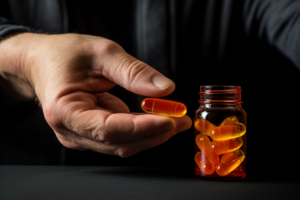 man holding omega-3 capsule