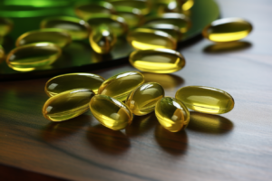 omega 3 capsules on a green table