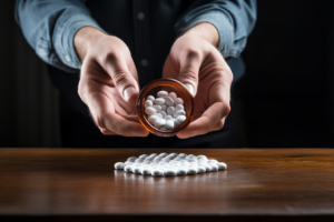 white pills on a wooden table 