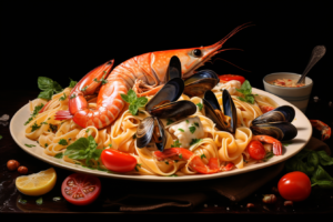 salmon and shellfish with pasta