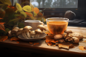 mushrooms and a cup of tea on a wooden table