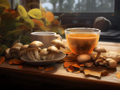 mushrooms and a cup of tea on a wooden table