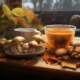 mushrooms and a cup of tea on a wooden table