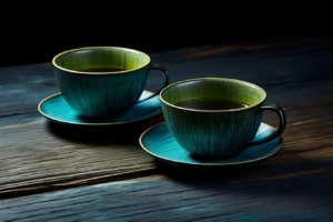 two tea cups on a wooden table