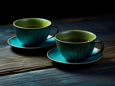 two tea cups on a wooden table