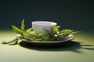 a tea cup and tea leaves