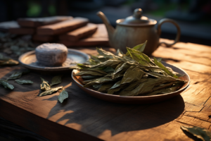 tea leaves on a plate on a wooden table