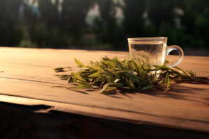 tea leaves on a wooden table