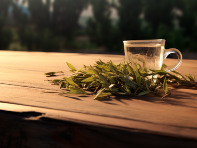 tea leaves on a wooden table