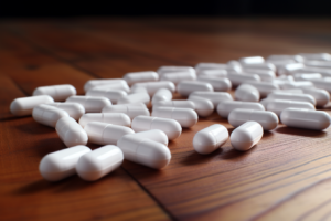 white capsules on a wooden table