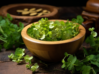 bacopa monnieri herb in a wooden bowl