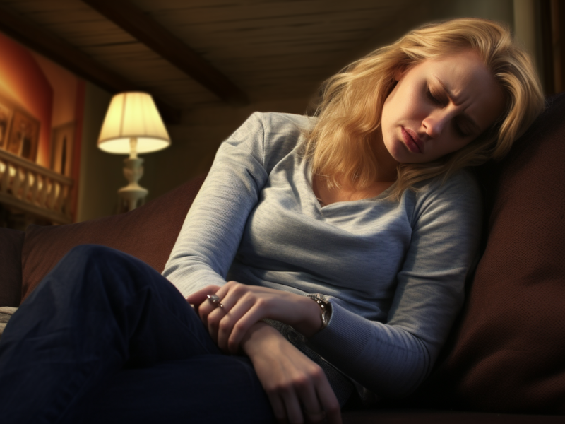 blonde-haired woman having stomach pain in a living room