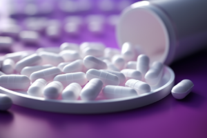 creatine capsules on a purple table