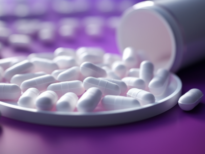 creatine capsules on a purple table