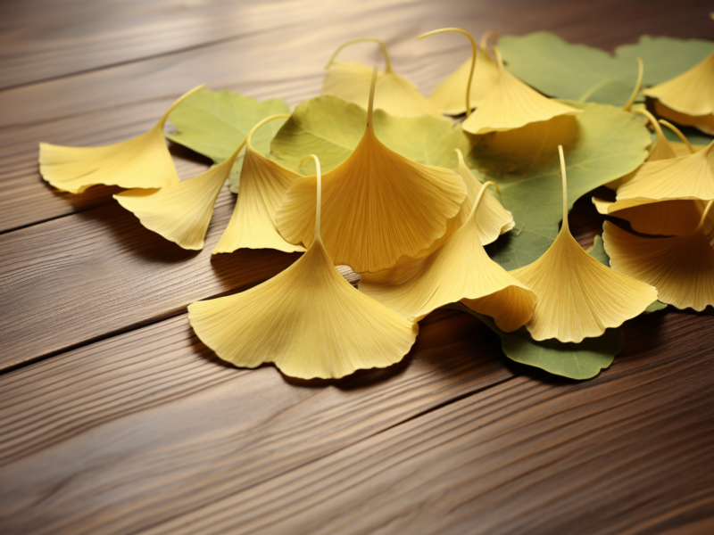 ginkgo biloba leaves on a wooden table