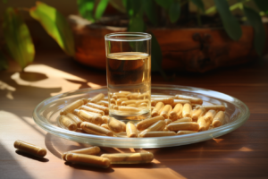 ginseng capsules and a glass of water