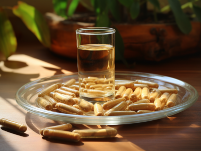 ginseng capsules and a glass of water