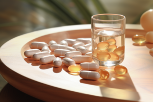 ps pills on a wooden table 