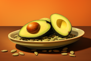 pumpkin seeds and avocado on a yellow plate