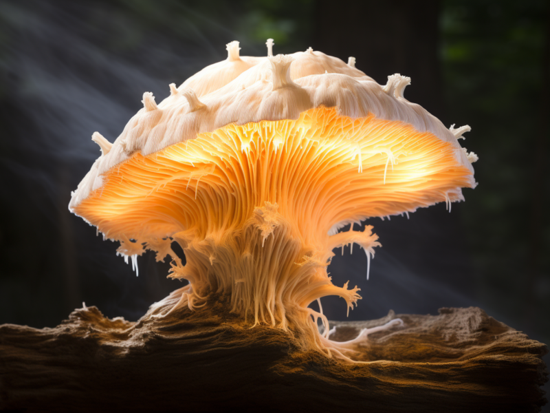 lion's mane mushroom in wood 