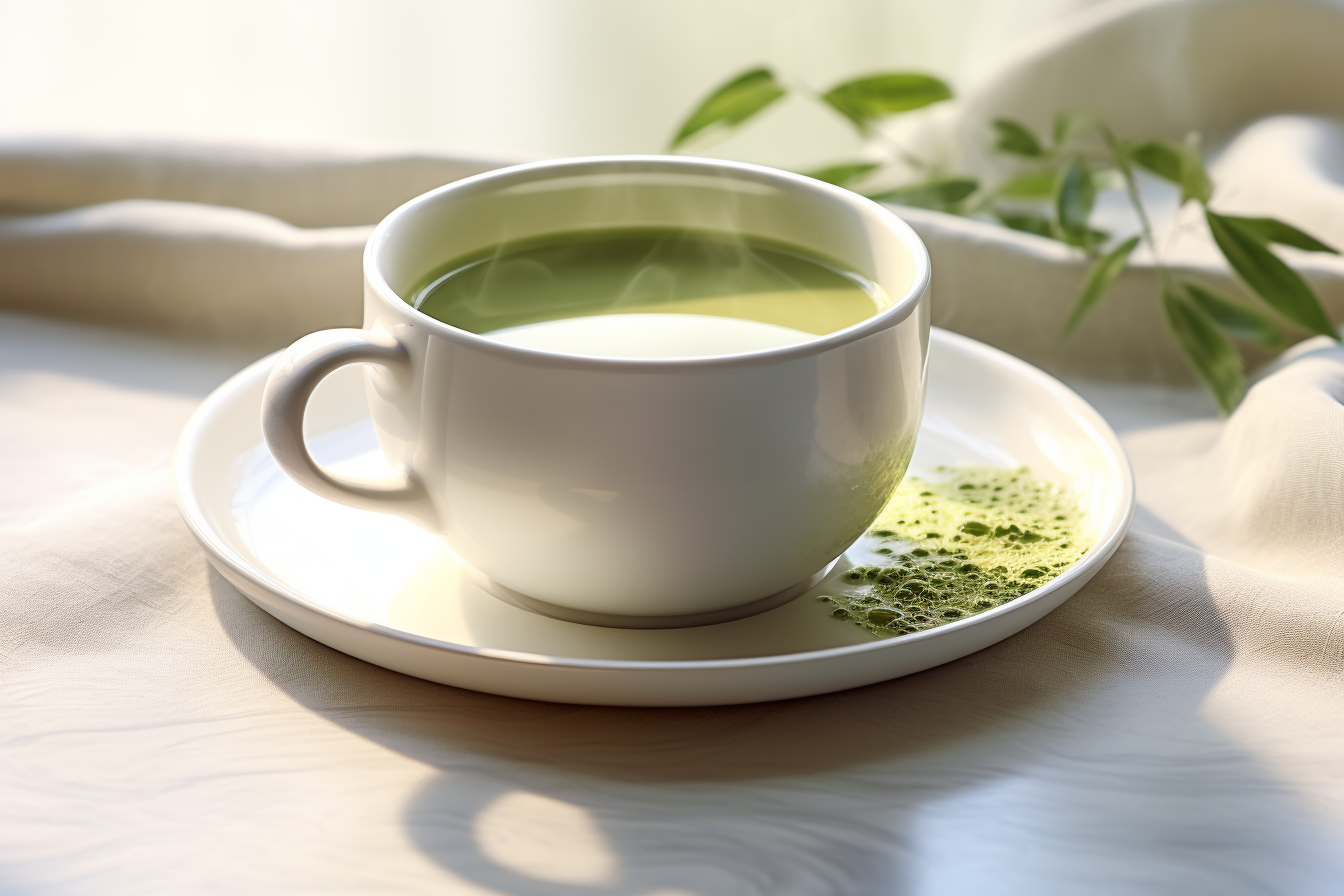 a white ceramic mug and green tea