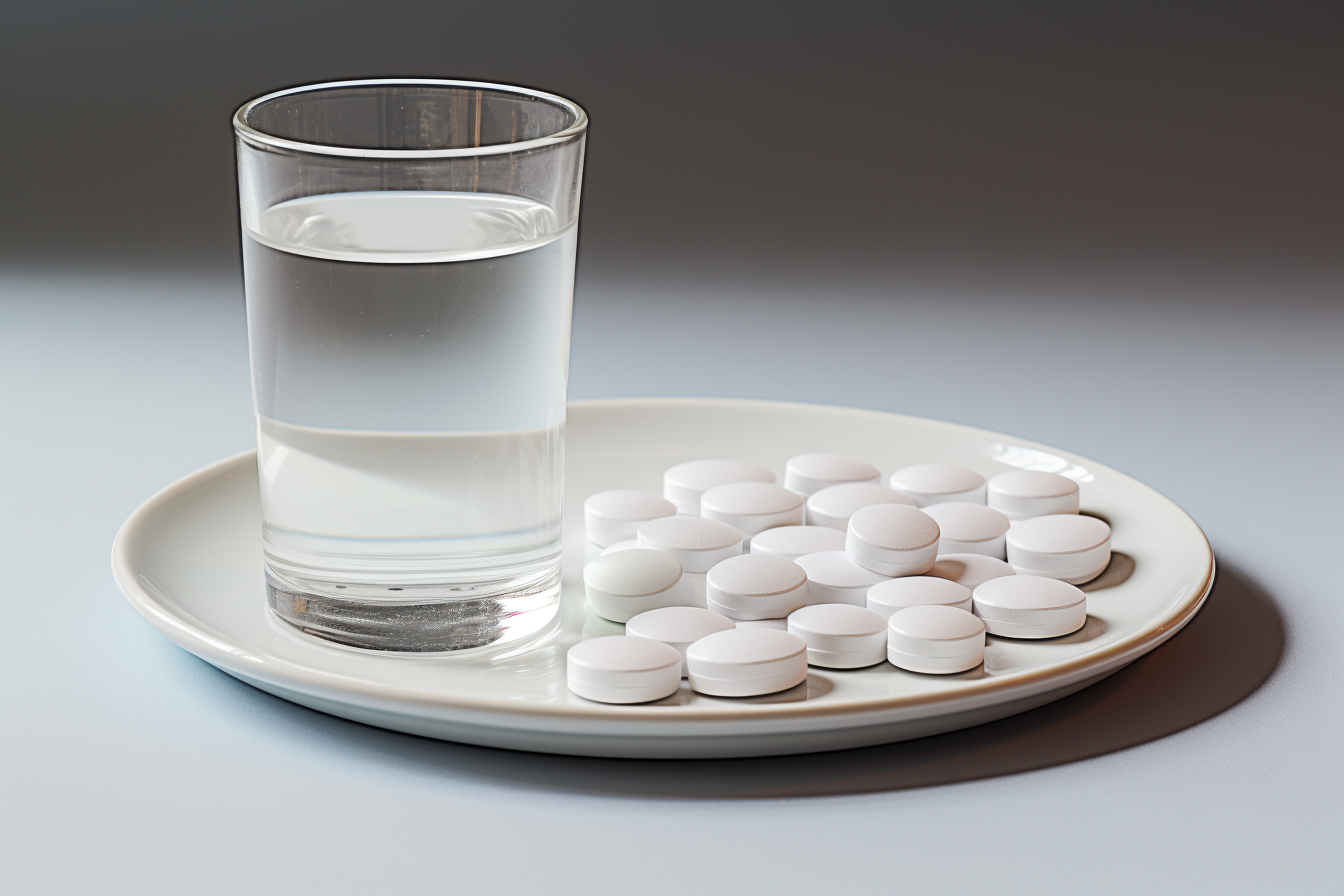 gaba supplements and a glass of water on a table 