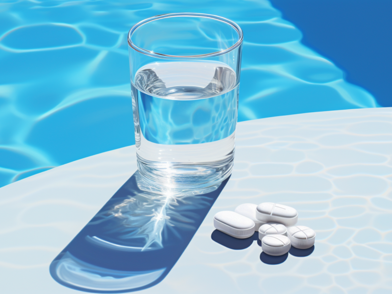 gaba pills and a glass of water on a table 