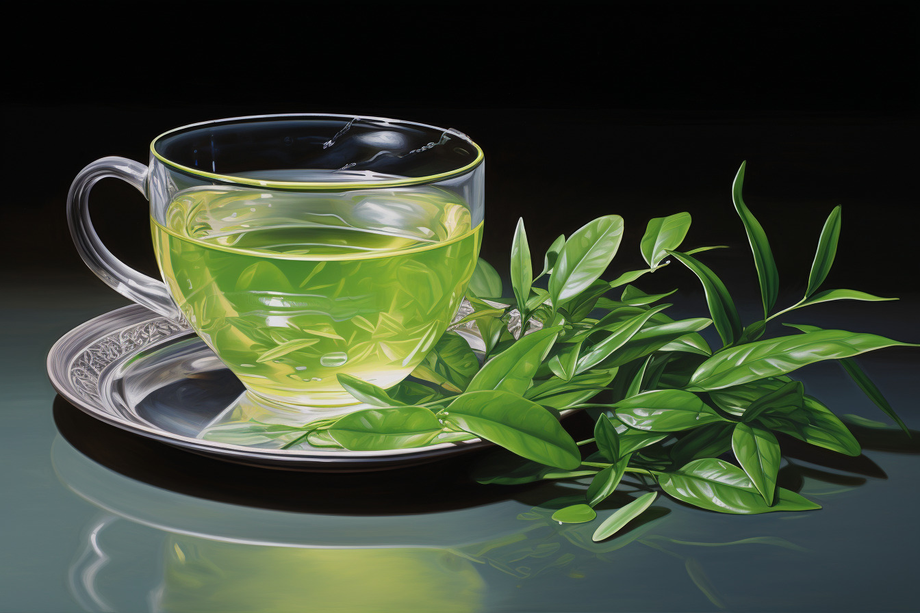 green tea leaves and a cup of tea