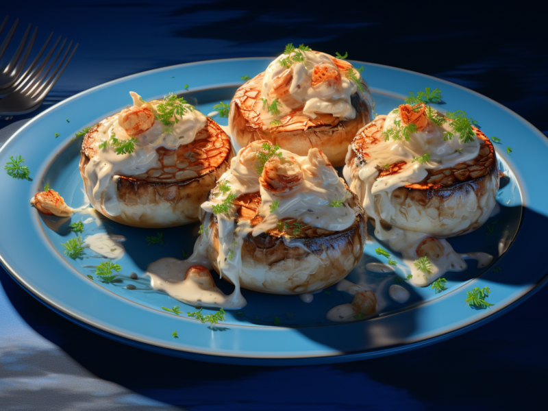 mushroom crab cakes on a blue plate