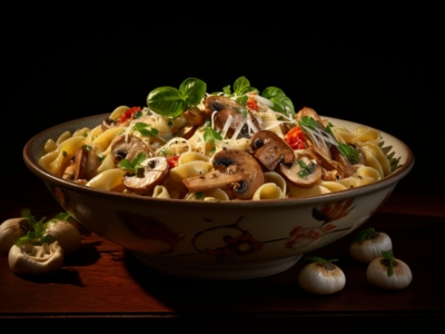 pasta with mushrooms in a bowl