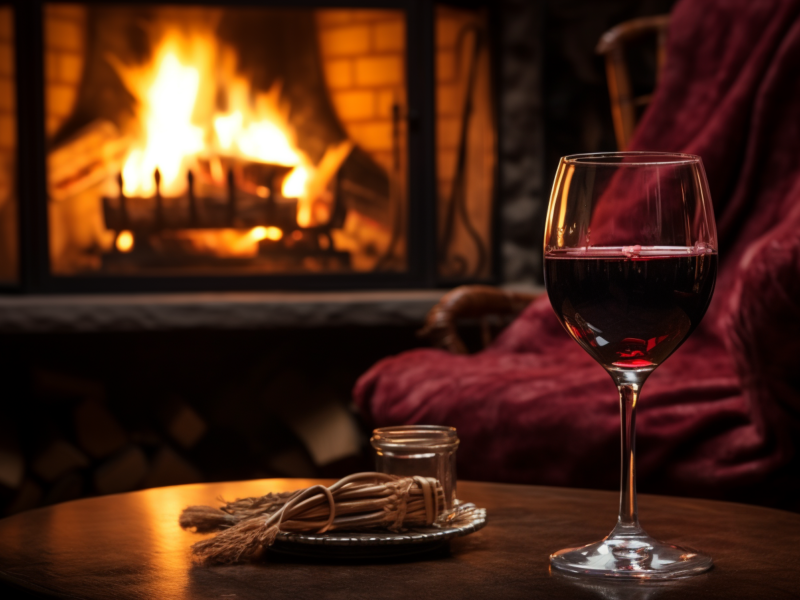 a glass of red wine near a fireplace