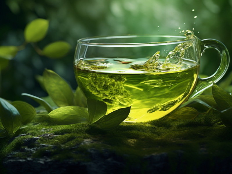 green tea and leaves