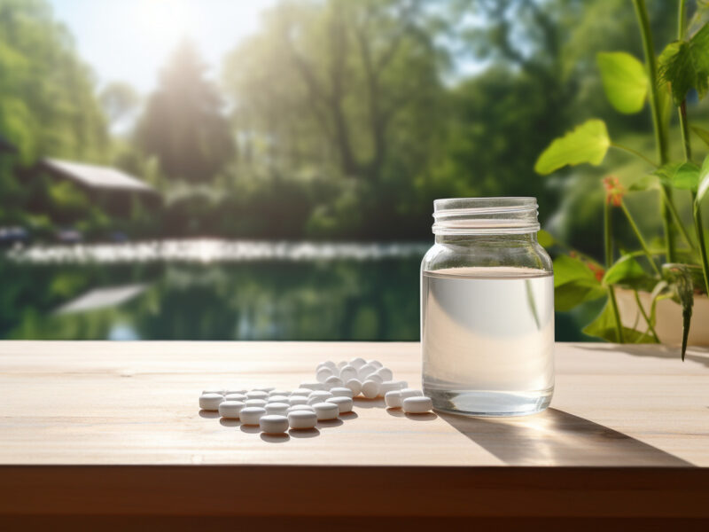 white melatonin supplements and water on a wooden table 